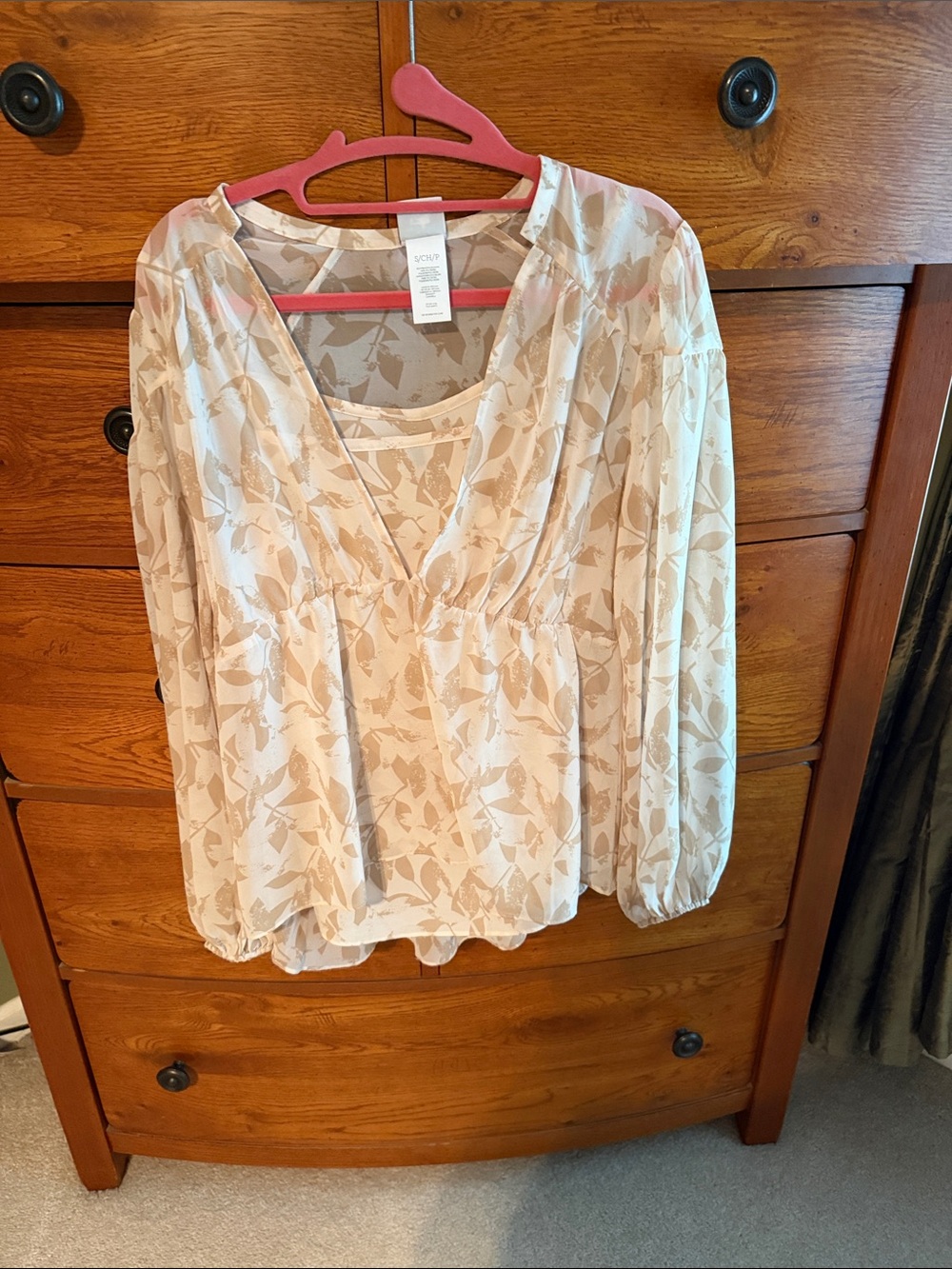 CAbi Beige Floral V-Neck Peasant Blouse